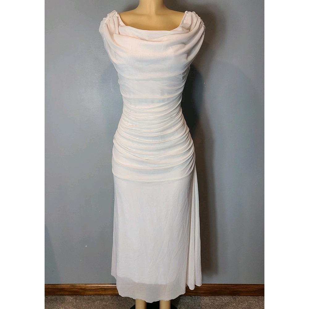 White Sheer Mesh‎ Ruched Maxi Dress Size 1X Resort Wedding Cowl Neck